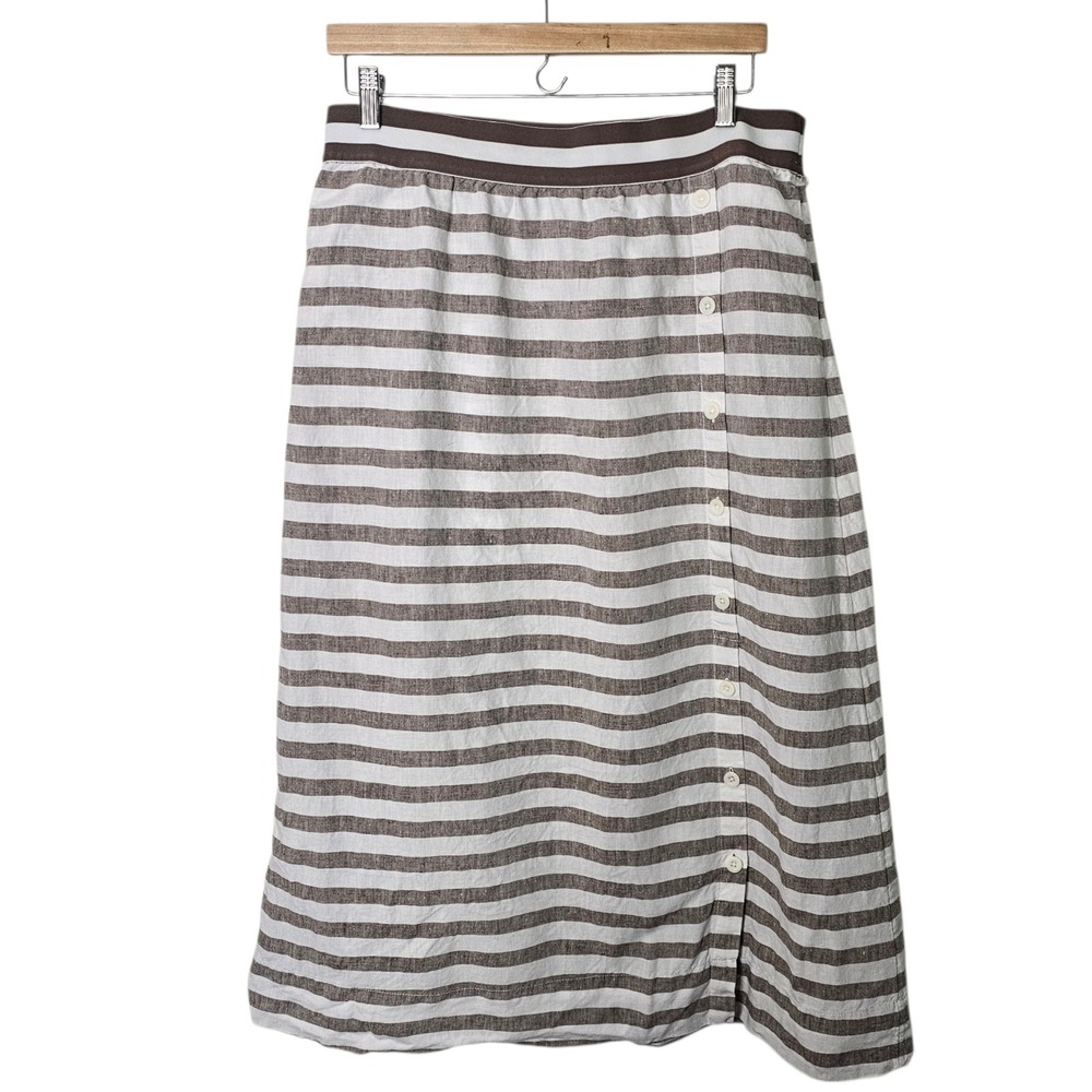 J Jill M Love Linen Midi Skirt White Beige Stripe Pull On Buttons Coastal Casual